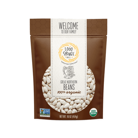 1000 Springs Mill - Organic Great Northern Beans | Used for Salads, Soups, Stews, Casseroles, Chili, and more | Bulk Dry White Beans | Resealable Bag | Vegan Friendly | 16oz (Pack of 4)