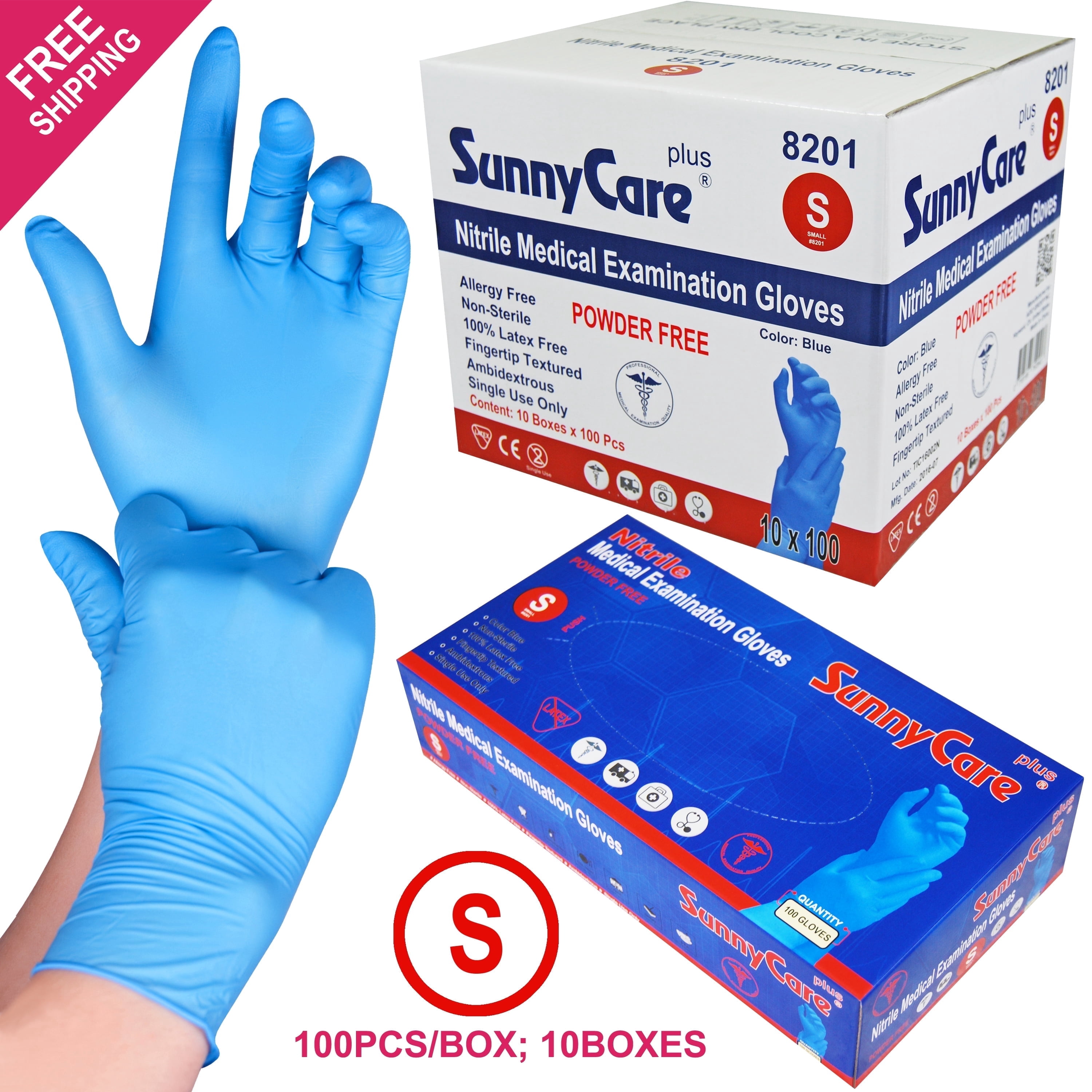 1000 SunnyCare Nitrile Medical Exam Gloves Powder Free Chemo-Rated (Non Vinyl Latex) Size: Small