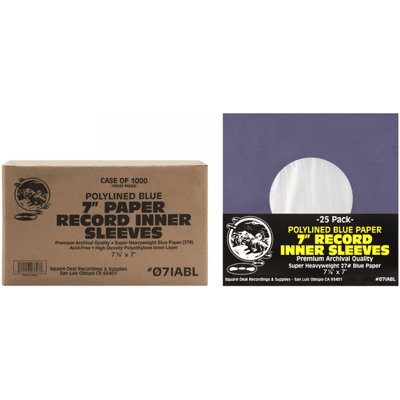 (1000) Super Heavyweight Polylined Blue Paper Inner Sleeves for 7" Records - Archival Quality, Acid-Free, Static-Free - Premium Protection - 07IABL