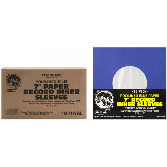 (1000) Super Heavyweight Polylined Blue Paper Inner Sleeves for 7" Records - Archival Quality, Acid-Free, Static-Free - Premium Protection - 07IABL