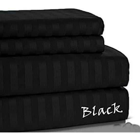 1000 TC Luxury & Silky Sheet Set - 4-Pieces Egyptian Cotton - Striped COLORS - Full Size - Striped Colors { Black } Fit Pocket 30" Inches By KM LINEN