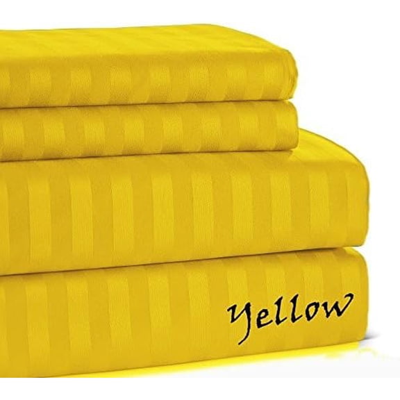 1000 TC Sheet Set Comfort Fitting 100 % Cotton - - King Size - Striped COLORS - 4 Pieces - { Yellow } Easily Deep Pocket 20" Inches By KM LINEN