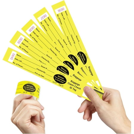 1000 Tags Made from Yellow Card Stock. Baggage Claim Check with Transfer Tape on Back, Printed in Black with Red Consecutive Numbering from 0000 to 0999. Bag Identification Tag Size: 10 1/2" x 1 1/4"