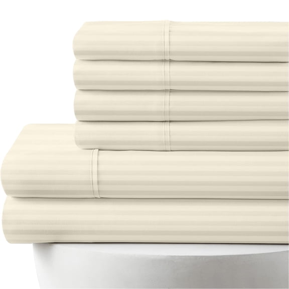 1000-Thread-Count, 100% Egyptian Cotton, 34" Split Head Sheet Set 6-PC [1 Flat, 1 Fitted, 4 Pillowcases] 1000-TC Long Staple Cotton, 12" Deep Pockets - Split Head King Size, Ivory Stripe Color