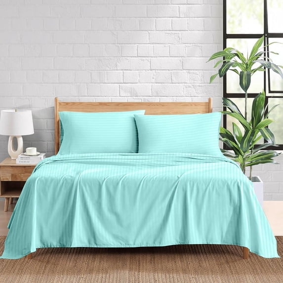 1000 Thread Count 100% Egyptian Cotton 4-Piece Bed Sheet Set (1 Flat, 1 Fitted Sheet, 2 Pillow Covers) 15 Inches Deep Pocket Size Twin Color Aqua Blue Stripe