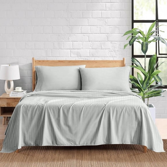 1000 Thread Count 100% Egyptian Cotton 4-Piece Bed Sheet Set (1 Flat, 1 Fitted Sheet, 2 Pillow Covers) 18 Inches Deep Pocket Size Full Color Silver Grey Stripe