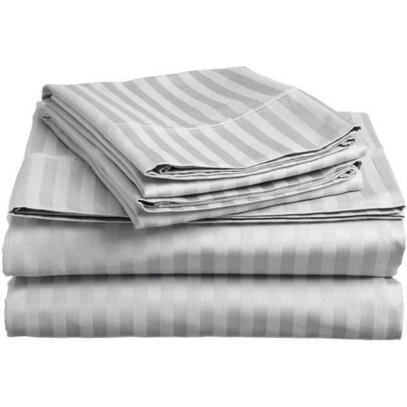 1000 Thread Count 100% Egyptian Cotton 4-Piece Bed Sheet Set (1 Flat, 1 Fitted Sheet, 2 Pillow Covers) 21 Inches Deep Pocket Size Full Color Silver Grey Stripe