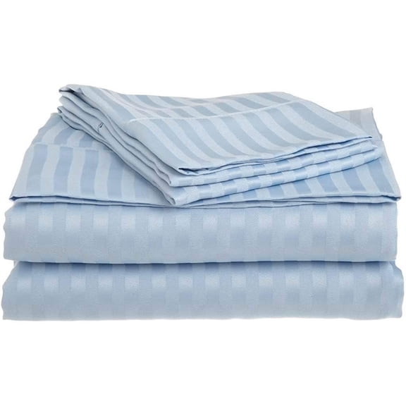 1000 Thread Count 100% Egyptian Cotton 4-Piece Bed Sheet Set (1 Flat, 1 Fitted Sheet, 2 Pillow Covers) 21 Inches Deep Pocket Size Olympic-Queen Color Sky Blue Stripe