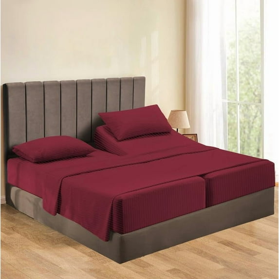 600-Thread-Count 100% Egyptian Cotton 5-PCs Sheet Set Split King (2 XL Fitted)Size Fits 9-12 Inches Deep Pocket ( Stripe, Deep Crimson Red )
