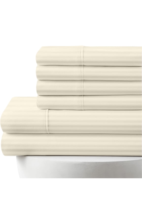 1000-Thread-Count, 100% Egyptian Cotton, 7-PC Striped Sheet Set, 1000-TC, 15" Deep Pockets - Split King Size, Ivory Stripe Color