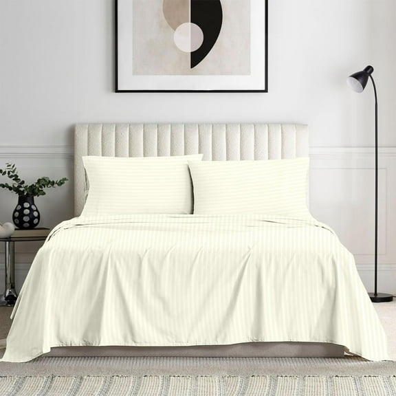1000-Thread-Count 100% Egyptian Cotton Sheet Set QUEEN Size Fits 6-9 Inches Deep Pocket ( Stripe, Vanilla Bean )