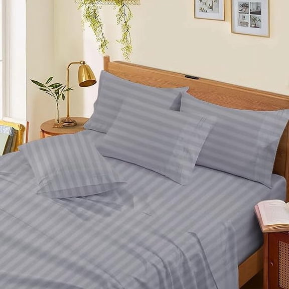 1000 Thread Count 4-Piece 100% Egyptian Cotton Bed Sheets Luxury Hotel Sheets Fits Mattress Upto 21" Deep Pocket, California King Size - Silver Stripe