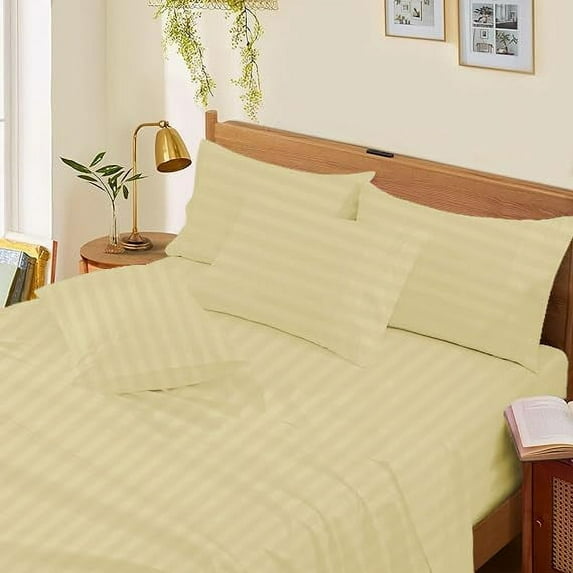 1000 Thread Count 4-Piece 100% Egyptian Cotton Bed Sheets Luxury Hotel Sheets Fits Mattress Upto 21" Deep Pocket, Twin XL Size - Ivory Stripe