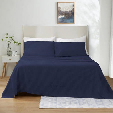 1000 Thread Count 4 Piece Quality Sheet Set 10 Inch Deep Pocket 100% Egyptian Cotton Color Navy Blue Stripe Size Queen