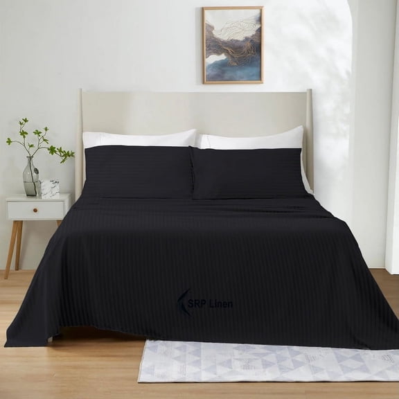 1000 Thread Count 4 Piece Quality Sheet Set 21 Inch Deep Pocket 100% Egyptian Cotton Color Black Stripe Size Twin