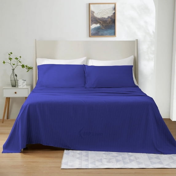 1000 Thread Count 4 Piece Quality Sheet Set 21 Inch Deep Pocket 100% Egyptian Cotton Color Royal blue Stripe Size Full