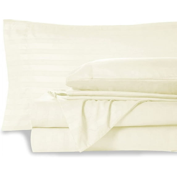 1000-Thread-Count 6 Piece Sheet Set - 100% Pure Egyptian Cotton Sheets 12" Inch Deep Pocket - Soft & Smooth Quality Bedsheets (Ivory Stripe) King Size.