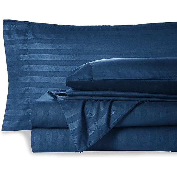 1000-Thread-Count 6 Piece Sheet Set - 100% Pure Egyptian Cotton Sheets 14" Inch Deep Pocket - Soft & Smooth Quality Bedsheets (Navy Blue Stripe) Full Size.