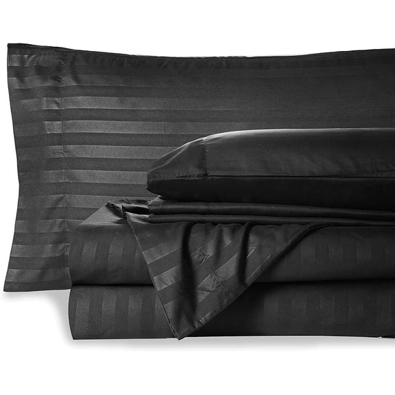 1000-Thread-Count 6 Piece Sheet Set - 100% Pure Egyptian Cotton Sheets 18" Inch Deep Pocket - Soft & Smooth Quality Bedsheets (Black Stripe) Twin Size.