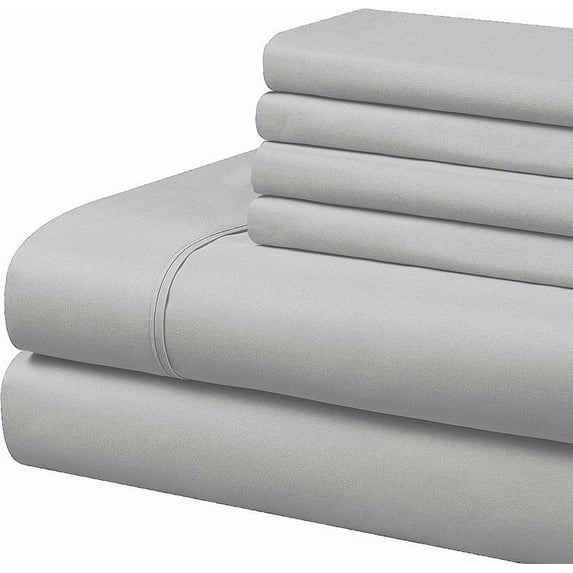 1000-Thread-Count 6 Piece Sheet Set - 100% Pure Egyptian Cotton Sheets 30" Inch Deep Pocket - Soft & Smooth Quality Bedsheets (Light Grey Solid) Queen Size.