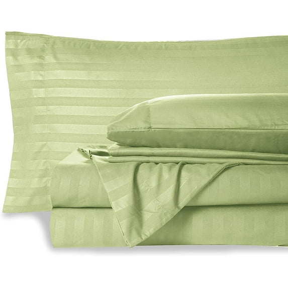 1000-Thread-Count 6 Piece Sheet Set - 100% Pure Egyptian Cotton Sheets 30" Inch Deep Pocket - Soft & Smooth Quality Bedsheets (Sage Stripe) Olympic Queen Size.