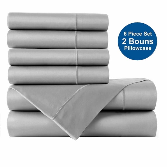 1000 Thread Count Bed Sheet Set, Combed Cotton Blend Sateen Deep Pocket 6 Piece Bedding Set, Hotel Quality Sheet Set King Size, Silver