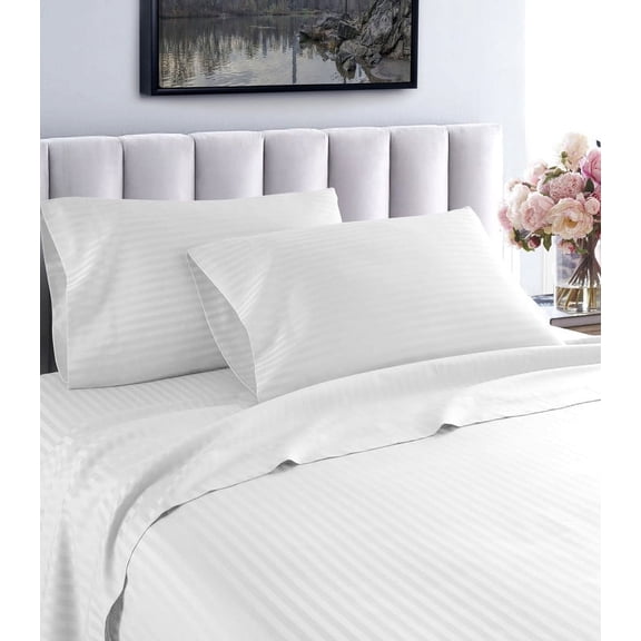 1000 Thread Count Fresh Home Collection 100% Egyptian Cotton Deep Pocket Dobby Striped Sheet Set (King, White)
