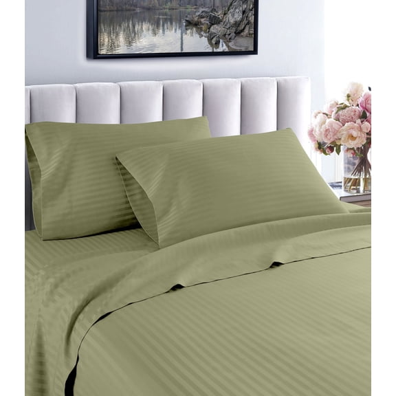 1000 Thread Count Fresh Home Collection 100% Egyptian Cotton Deep Pocket Dobby Striped Sheet Set (Twin, Olive Green)