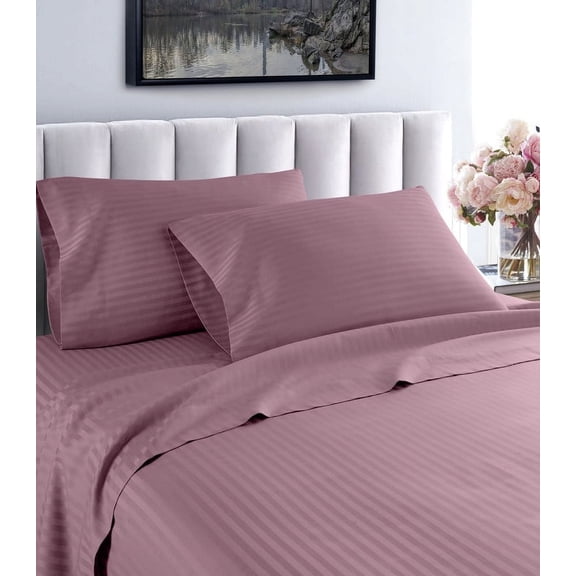 1000 Thread Count Fresh Home Collection 100% Egyptian Cotton Deep Pocket Dobby Striped Sheet Set (Twin, Purple)