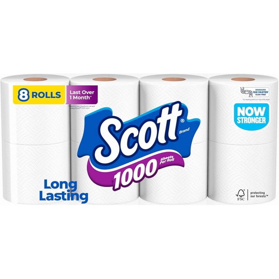 1000 Toilet Paper, 8 Rolls, Septic-Safe, 1-Ply Toilet Tissue