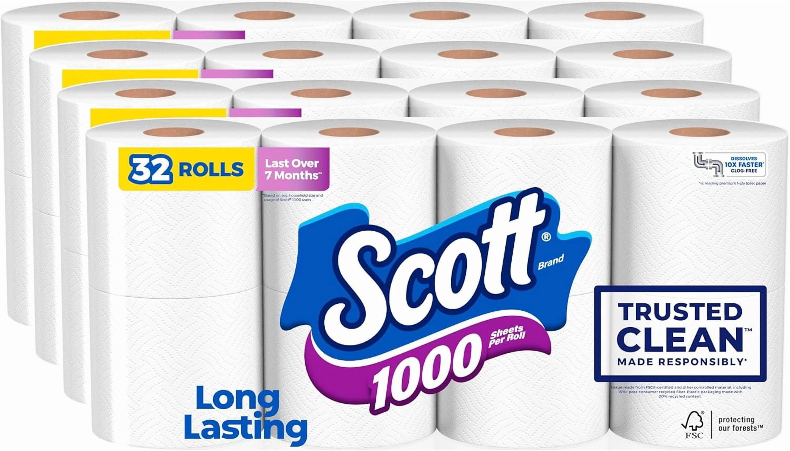 1000 Trusted Clean Toilet Paper, 32 Rolls, Septic-Safe, 1-Ply Tissue