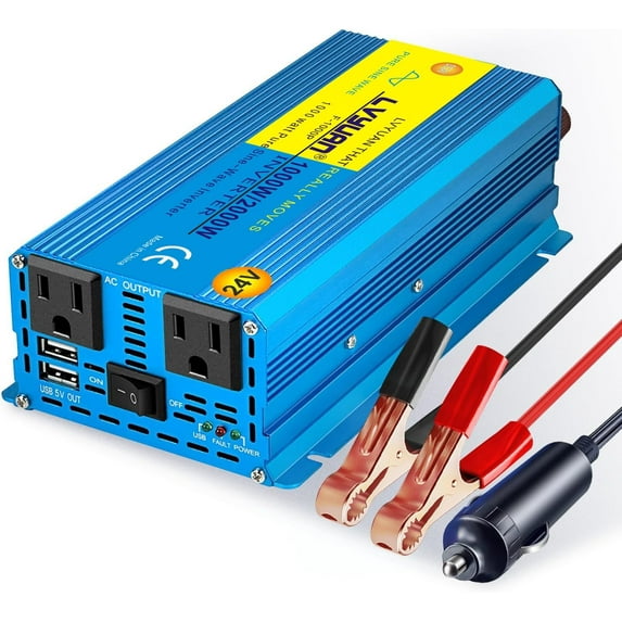1000 Watt Pure Sine Wave Power Inverter 24V DC to 110V/120V AC ...