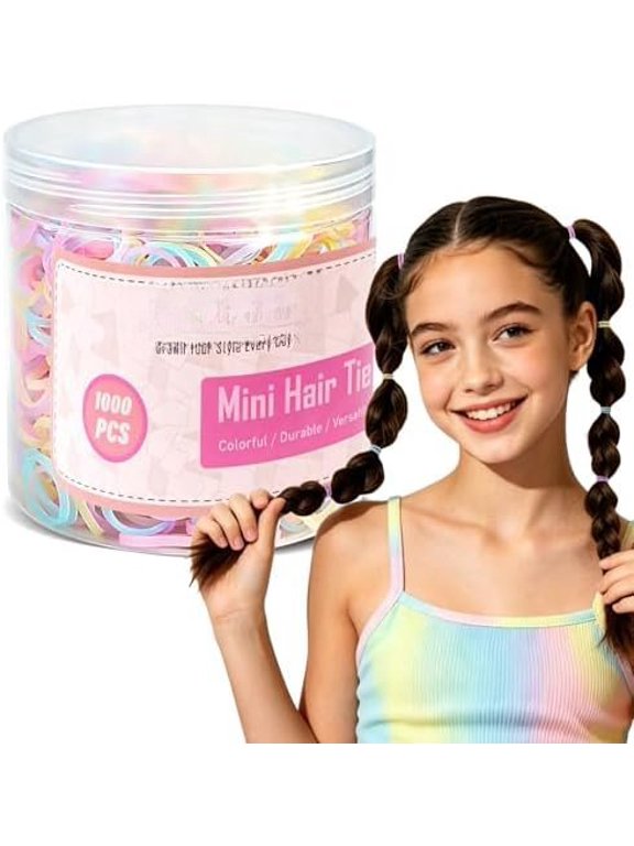 1000 count Mini Elastic Rubber Hair Ties for Girls | Soft small bands for ponytails, braids, and styling accessories. Durable snag-free bulk pack.