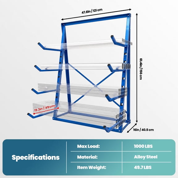 1000 lbs Capacity Cantilever Rack, 4 Tier Pipe Storage Rack with Adjustable Mounting Spacing, Storage Cantilever Rack with 8 Adjustable Arms for Warehouse