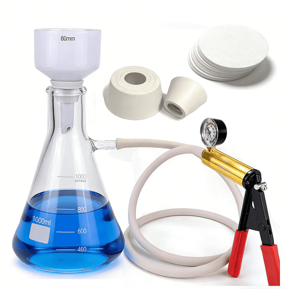 YINGMALE 1000 mL Buchner Funnel Filtration Kit with Handheld Vacuum Pump, Lab Vacuum Filtering Flask, Ceramic Filter Funnel, Rubber Stoppers, 100 Filter Papers