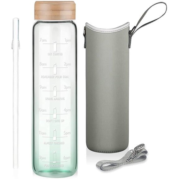 1000 ml / 1 Litre Glass Water Bottle with Straw and Time Marker and Gradient Green Cover