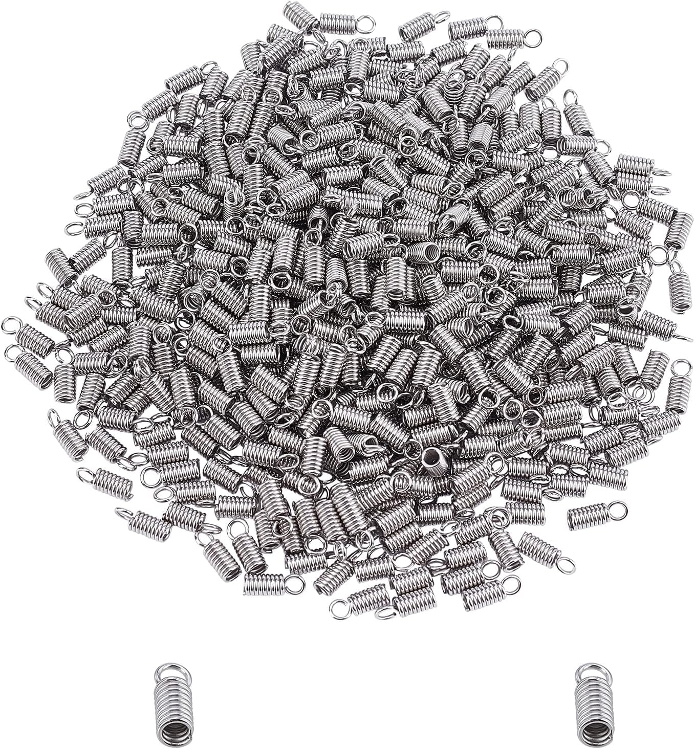 1000 pc 1000pcs Stainless Steel Coil Cord Ends 2.5mm Inner Diameter Mini Tube Cord Cap Tip Leather Cord Ends Caps 10mm Long Necklace Spring Fastener Crimp Clasp for Jewelry Making