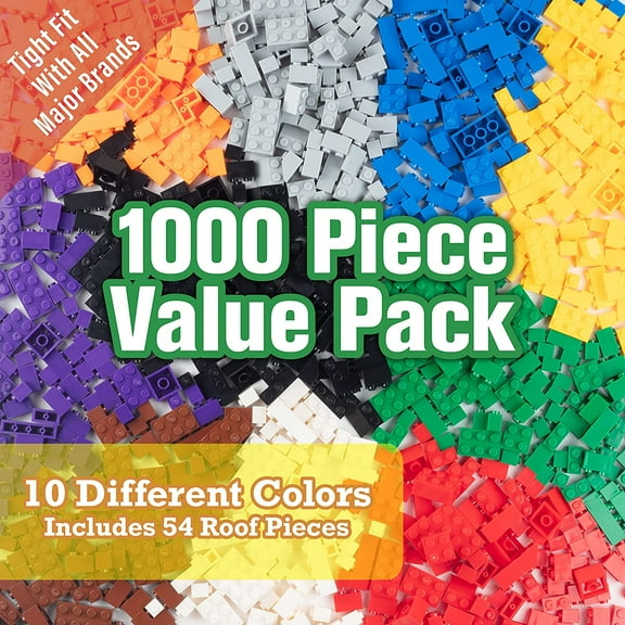 1000 Pieces Classic Building Block Bricks- Bulk Value Set- 10 Colors, 9 Sizes & 54 Roof Pcs- Compatible, Tight Fit w All Major Brands- Activity for Creativity & School Projects- Kids Gift