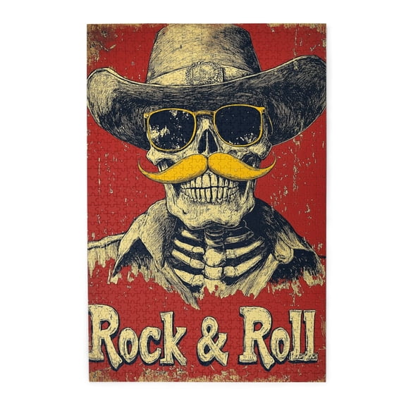 1000 pcs 1000 Piece Vibrant Jigsaw Puzzle Rock & Roll Slogan Skeleton Cowboy,Challenging Brain Exercise,Classic Skeleton Vintage Wooden Puzzle,Impossible Hard Difficult Challenging Puzzles for Adults