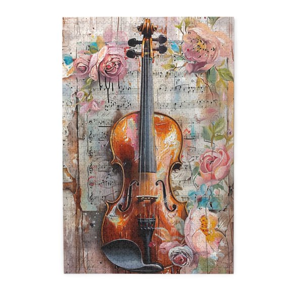 1000 pcs 1000 Piece Vibrant Wooden Jigsaw Puzzle Flower,violin & Music Score,Unique and Beautiful Design,Vintage violin & Music Score Puzzles 1000 Piece,Gift for Music & Flower Lovers,Funny Puzzles