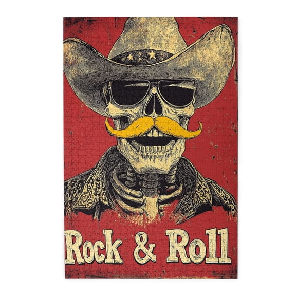 1000 pcs 1000 Piece Wooden Puzzle Rock & Roll Slogan Skeleton Cowboy,Challenging Brain Exercise,Unique Artwork for Adults,1000 Piece Jigsaw Puzzle for Adults Challenging Puzzle Perfect for Game Night
