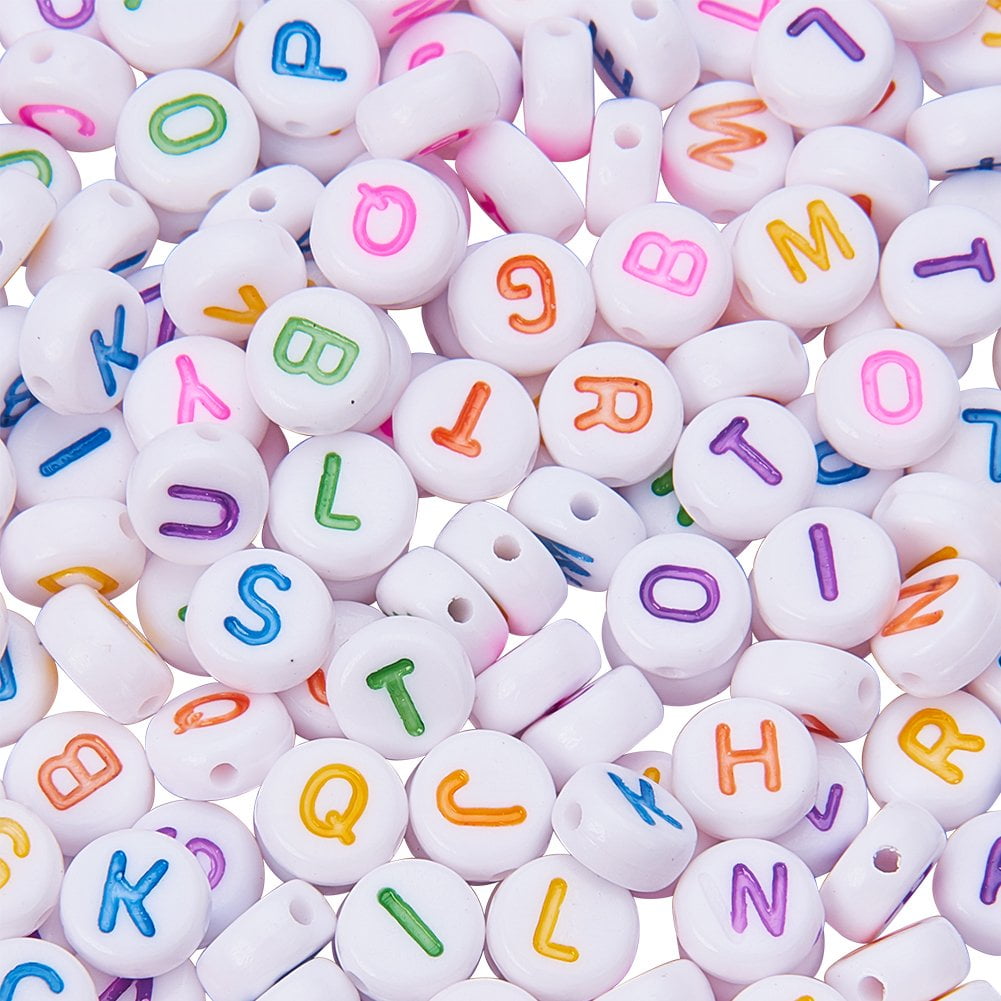 1000 pcs Acrylic Beads, Alphabet beads,Random Mixed Letters A to Z, Flat Round, White Color,7×