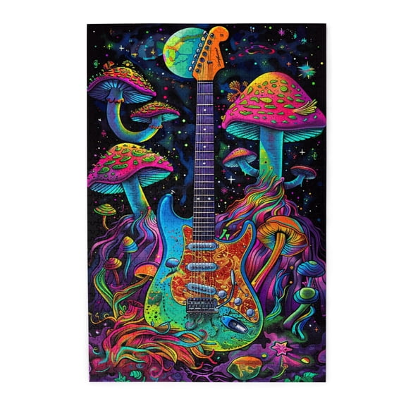 1000 pcs Colorful Guitar & Mushroom 1000 Piece Vibrant Jigsaw Puzzle,Creative Activity Hobbies for Adults,Challenging Brain Exercise,Modern Art Guitar & Mushroom Wooden Puzzle,Stress relieving puzzle