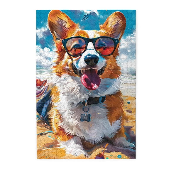 1000 pcs 1000 Piece Wooden Puzzles Beach corgi,Unique Animal Art Puzzle,Creative Activity Hobbies for Adults,Modern Art Beach corgi Wood Puzzle,Great for Relaxation and Display for Puzzle Enthusiasts