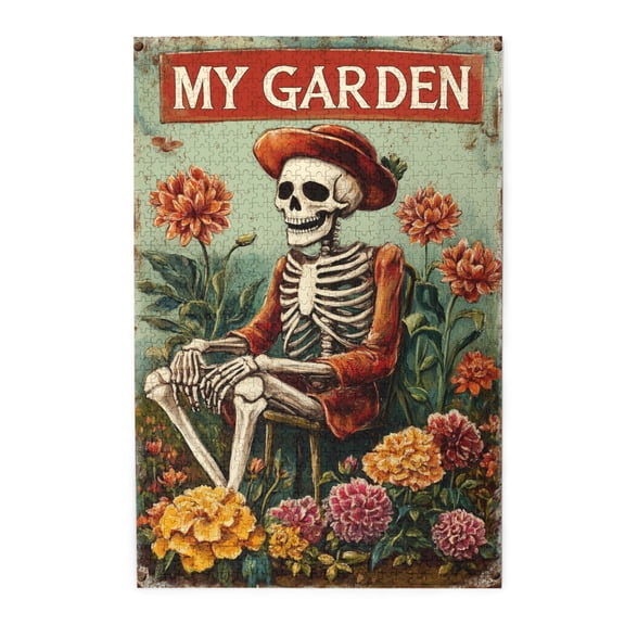 1000 pcs 1000 Piece Wooden Puzzles Skeleton & Flower my Garden Slogan,Unique and Beautiful Design,Vintage Style Skeleton & Flower Stress relieving puzzle 1000 Piece,for Puzzle & Flower Lovers Gifts