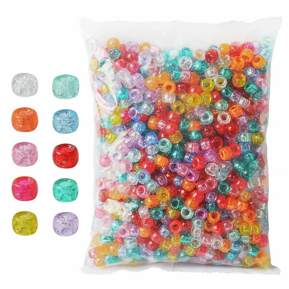 1000 pcs Pony Beads 6x9mm Glitter Clear Plastic Beads Transparent Beads with Sparkling Glitter Assorted 10 Colors for DIY Craft Jewelry Bracelets Making, Hair Braiding, Keychains Ornaments