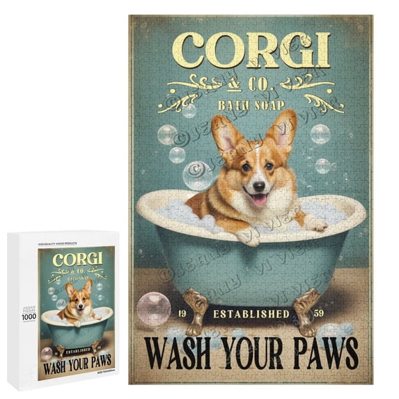 1000 pcs Puzzle – Corgi Wash Your Paws Funny Dog Wooden Jigsaw for Adults – Stress Relief Hobby & Decorative Wall Art Gift
