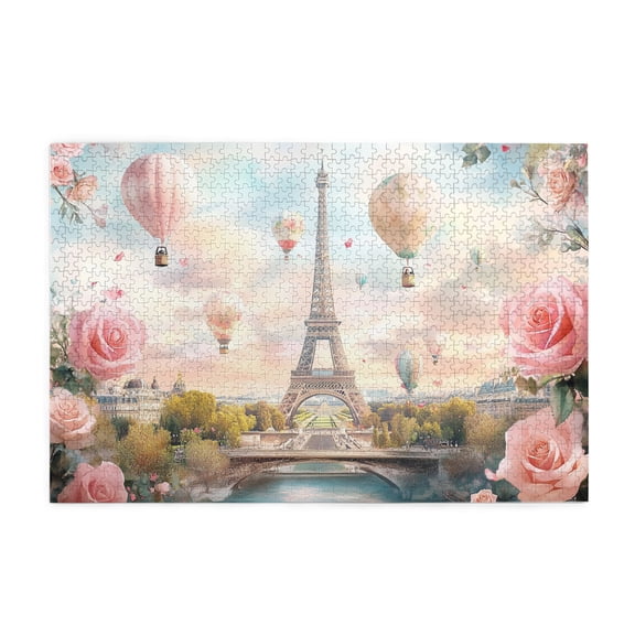 1000 pcs Romantic Rose French Tower & Hot Air Balloon Wooden Puzzles 1000 Piece,Funny Artwork for Adults,Charm Rose French Tower Modern Art Puzzle,Great for Relaxation and Display for Puzzle Lovers