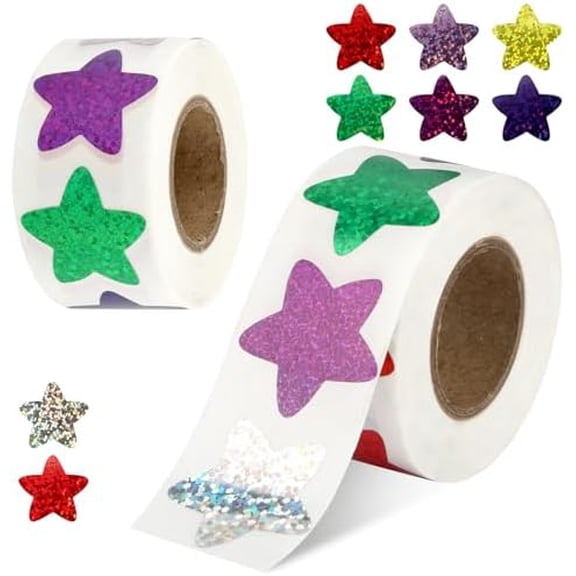 1000 pcs Star Stickers for Kids Reward, Holographic Colorful Stars Stickers, 2 Rolls Sparkly Foil Star Stickers for Behavior Chart, Student Planner, School Classroom Students Teacher Supplies (1