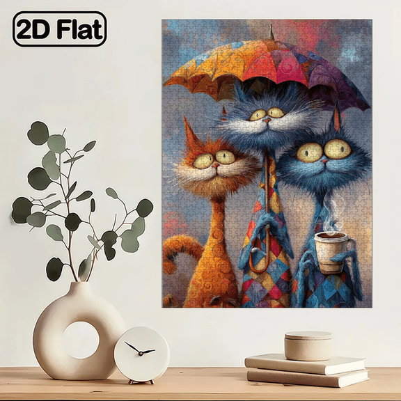 1000 pcs Whimsical Cats Abstract Art Paper Jigsaw Puzzle 29.4X19.6 inch, NO Frame 2D Flat, Home Decoration, Suitable for Living Room Decor, Bedroom Decor, Study Room Decor.